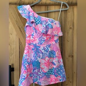 Lilly Pulitzer KIPTON ROMPER One Shoulder in Pink Isle Snappy Turtle SIZE 0